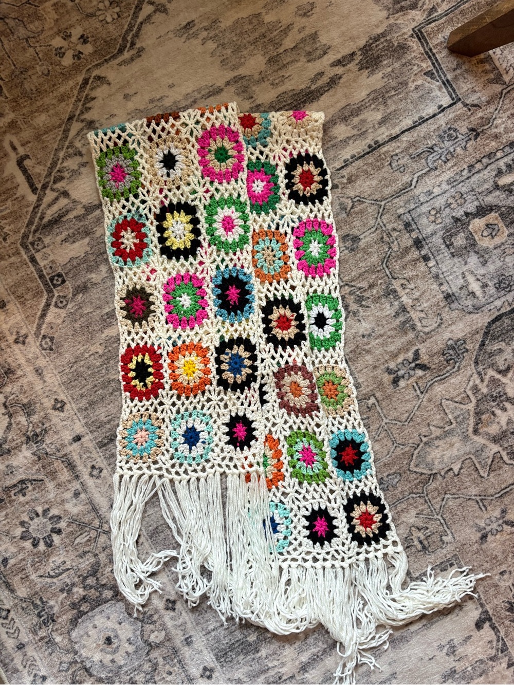 Boho Crochet Patchwork Granny Square Long Fringe festival scarf - Picture 1 of 7